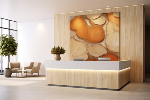 Reception desk fit-out by Blueprint Experts – light wood counter with artistic wall design and soft ambient lighting.