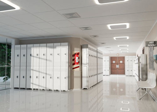 Locker room fit-out by Blueprint Experts – clean and organized lockers with bright, well-lit flooring.
