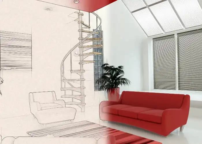 Concept interior design by Blueprint Experts – illustrated spiral staircase with red sofa in a modern space.
