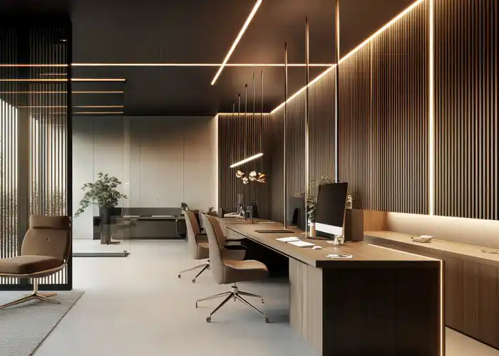 Executive office fit-out by Blueprint Experts – sleek wooden desk, modern chairs, and warm ambient lighting