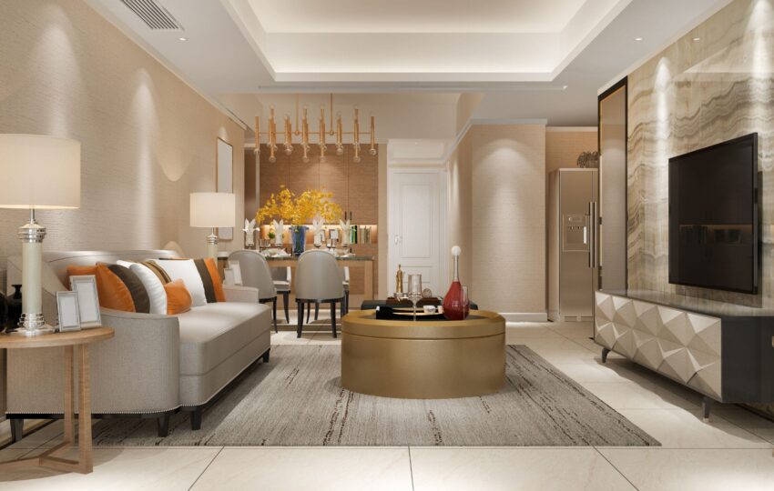 Premium living room interior fit out featuring gold center table and modern décor by Blueprint Experts.