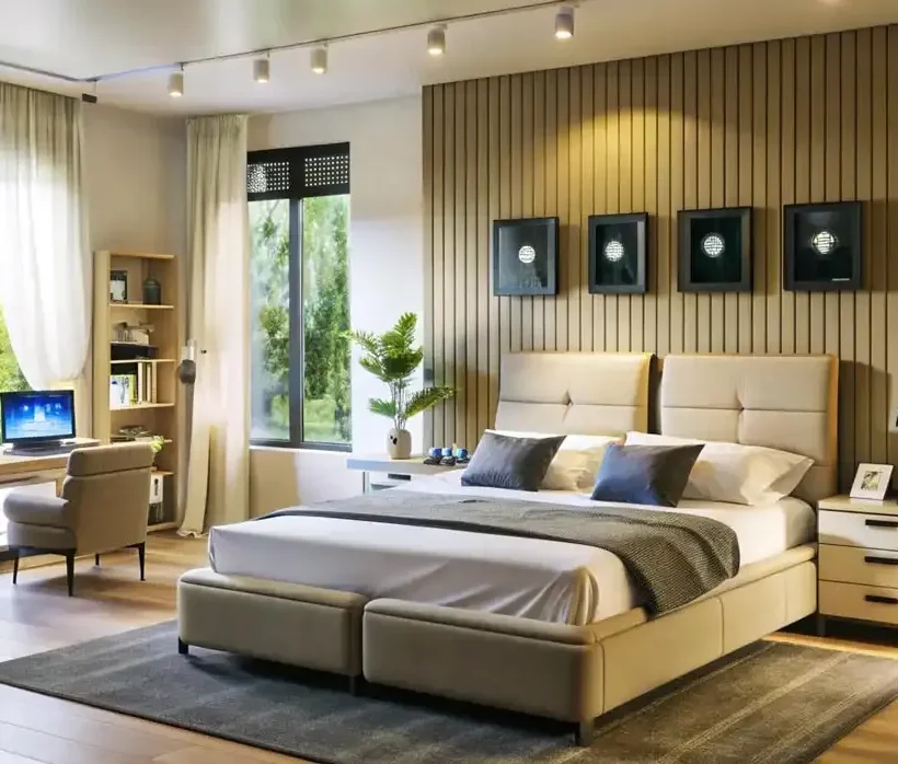 Modern bedroom interior design with integrated workspace and large windows – residential fit out by Blueprint Experts.