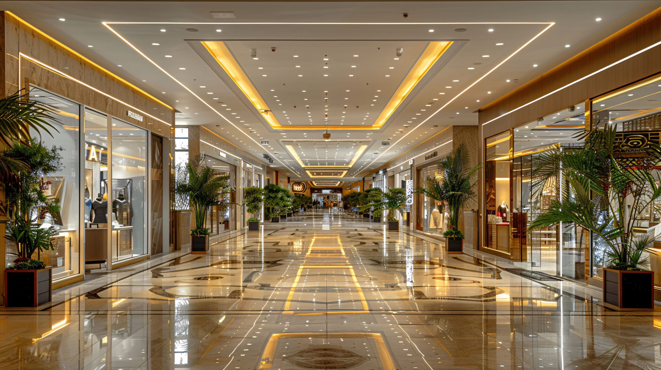 Luxury shopping mall interior fit-out by Blueprint Experts – elegant retail corridor with premium storefronts, designer ceiling lighting, polished marble flooring, and landscaped indoor plants.