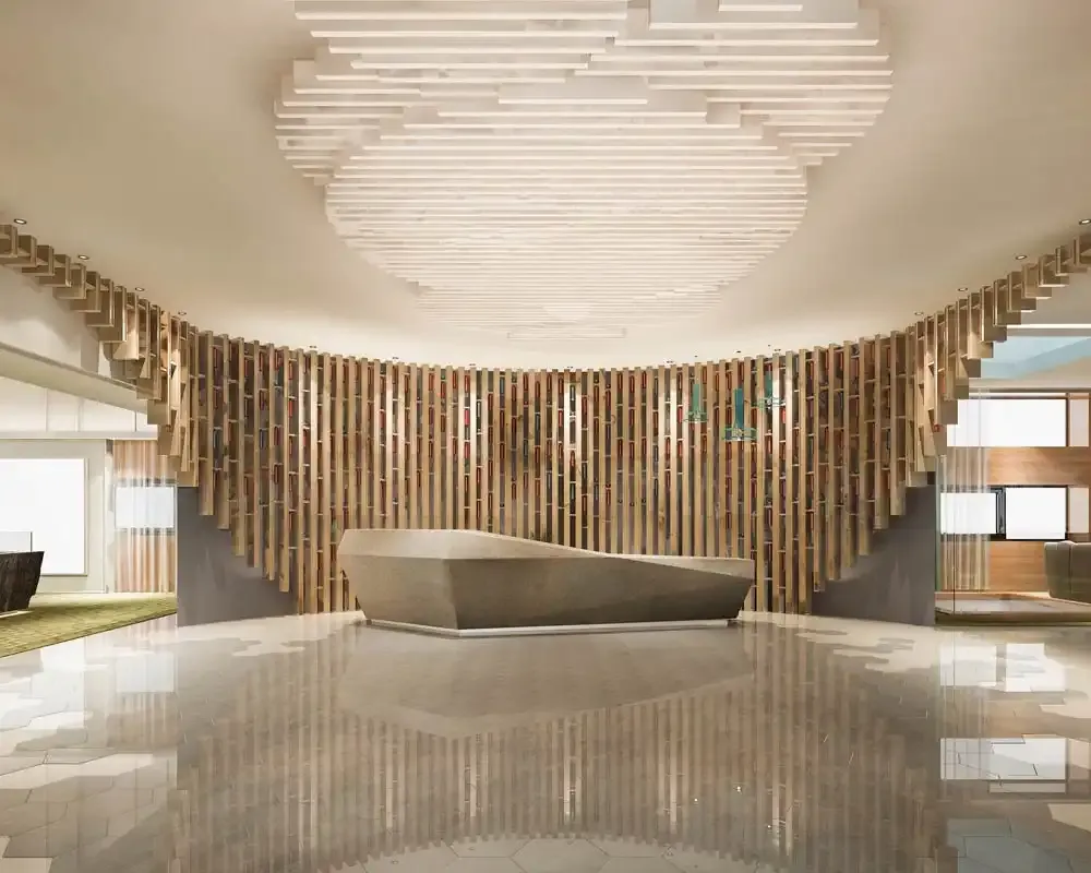 Jewellery Shop lobby reception interior fit-out by Blueprint Experts – grand lobby with sculptural ceiling design, wooden feature wall, and polished flooring.