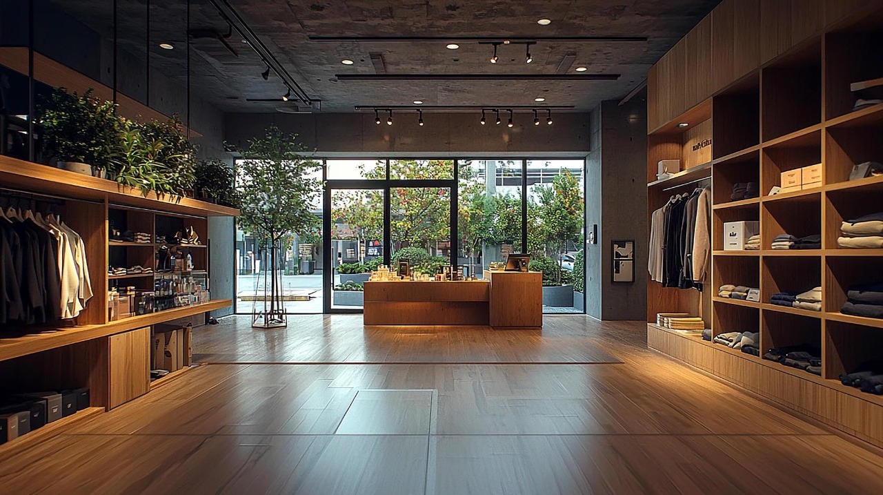 Stylish retail store entrance with wooden flooring, large glass windows, modern seating, and warm ambient lighting.
