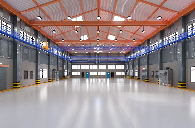 Large-scale warehouse interior fit-out by Blueprint Experts – high-capacity racking system with neatly stacked cartons, wide aisles, and efficient storage layout for logistics and distribution operations.