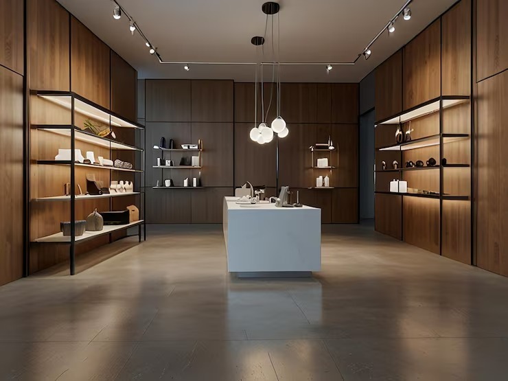 Modern retail store interior featuring wooden shelving, minimalist product displays, pendant lighting, and a clean open layout.