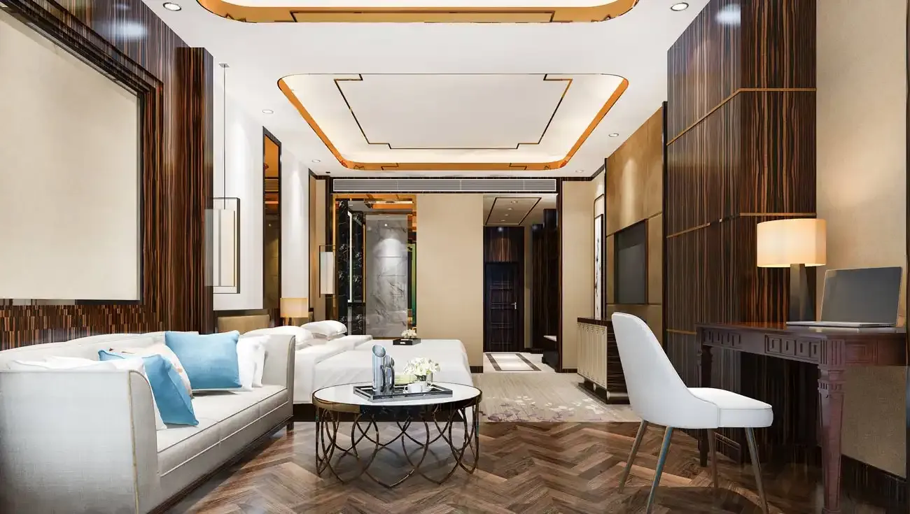 Luxury living room interior fit out with contemporary ceiling design and premium finishes by Blueprint Experts.