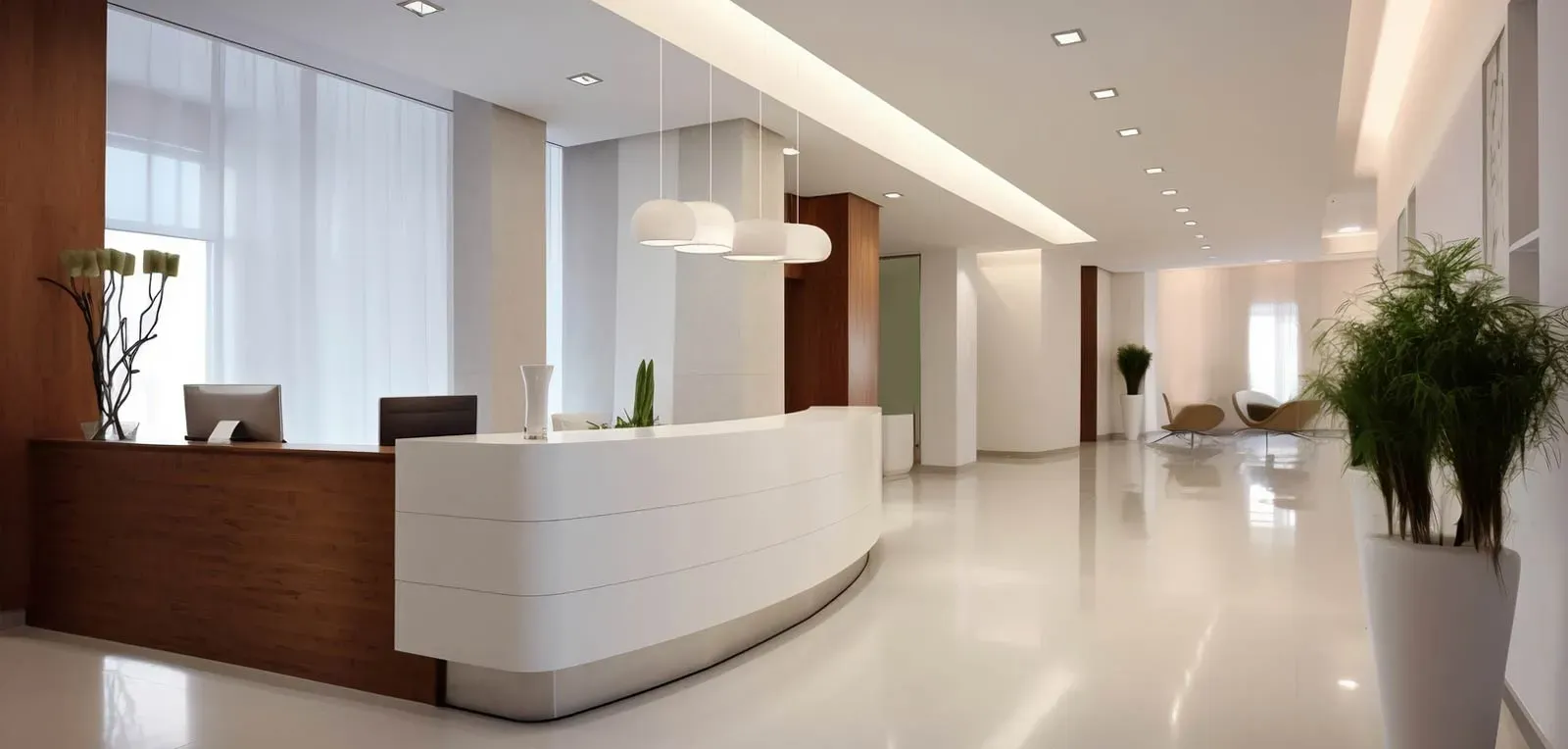 Modern reception area interior fit-out by Blueprint Experts – elegant curved reception desk with pendant lighting, polished flooring, indoor plants, and a minimalist corporate lobby design.