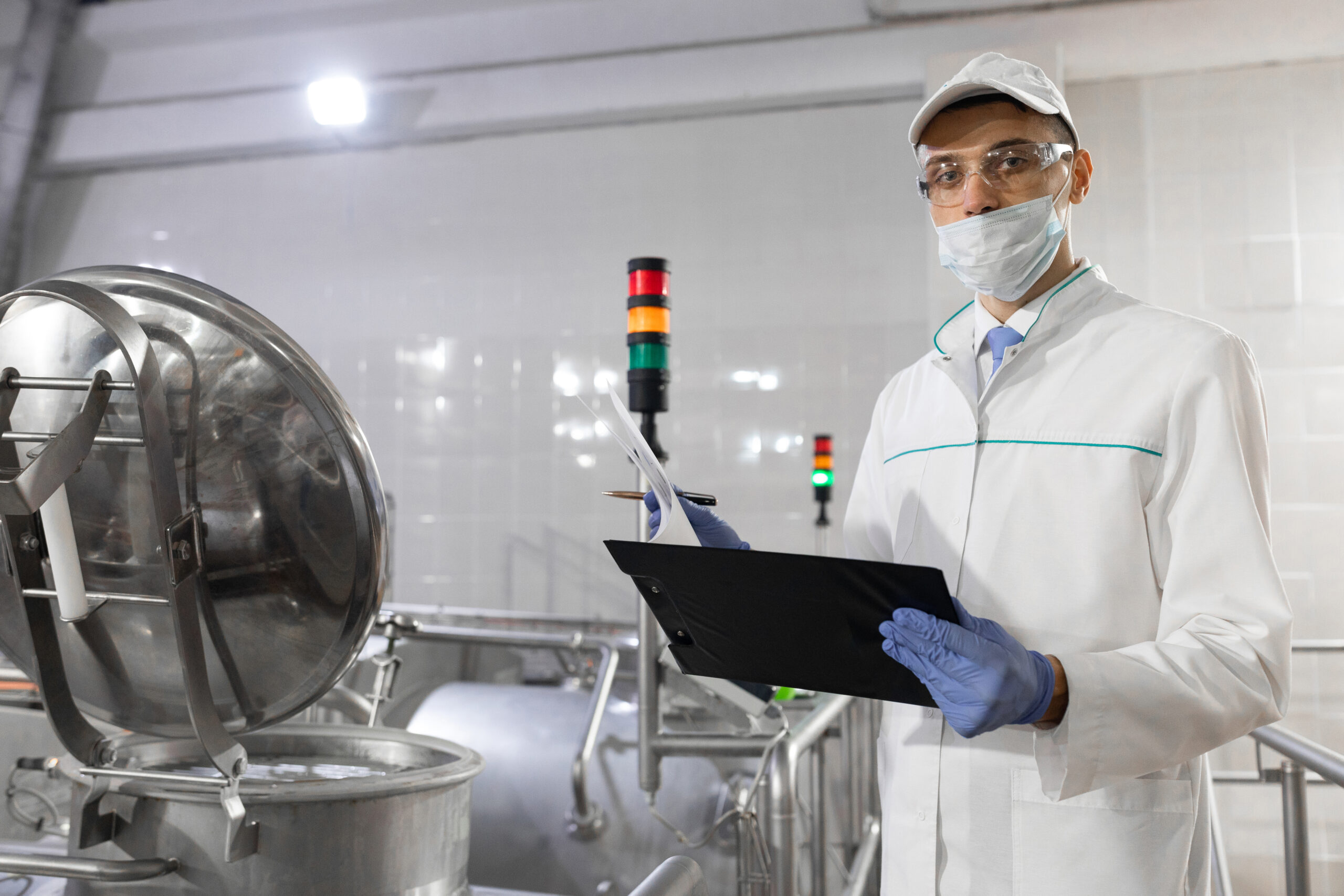 Inspector in a mask and a scrub stands with a folder-tablet in his hands at the dairy plant