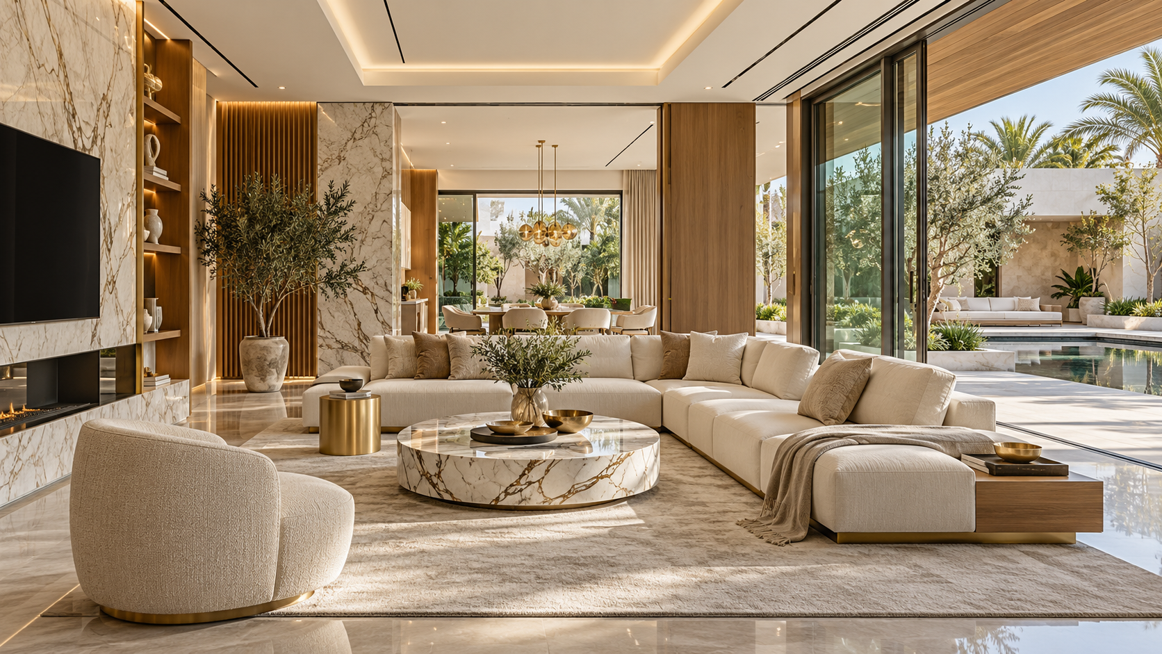 Contemporary majlis with generous perimeter seating and refined geometric details
