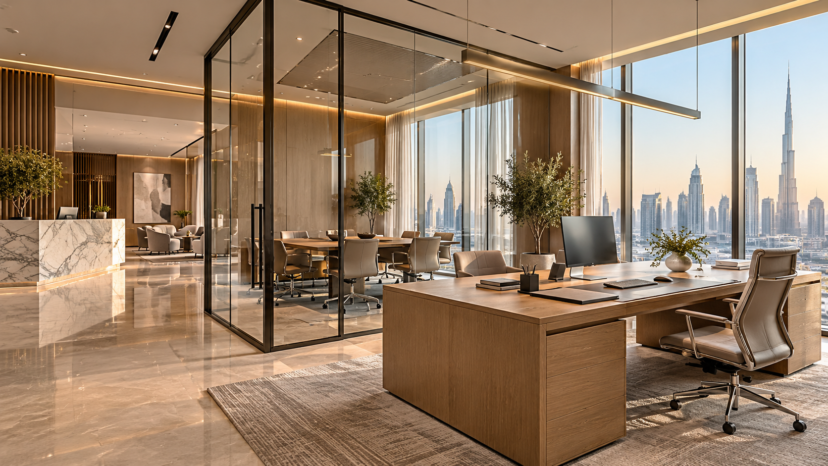 Commercial reception with a marble desk, timber walls and glass meeting rooms
