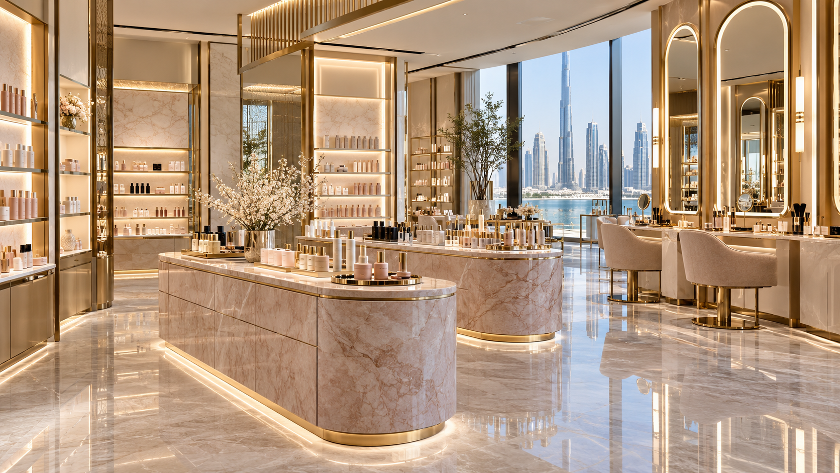 Luxury cosmetics outlet with blush marble display islands and illuminated mirrors