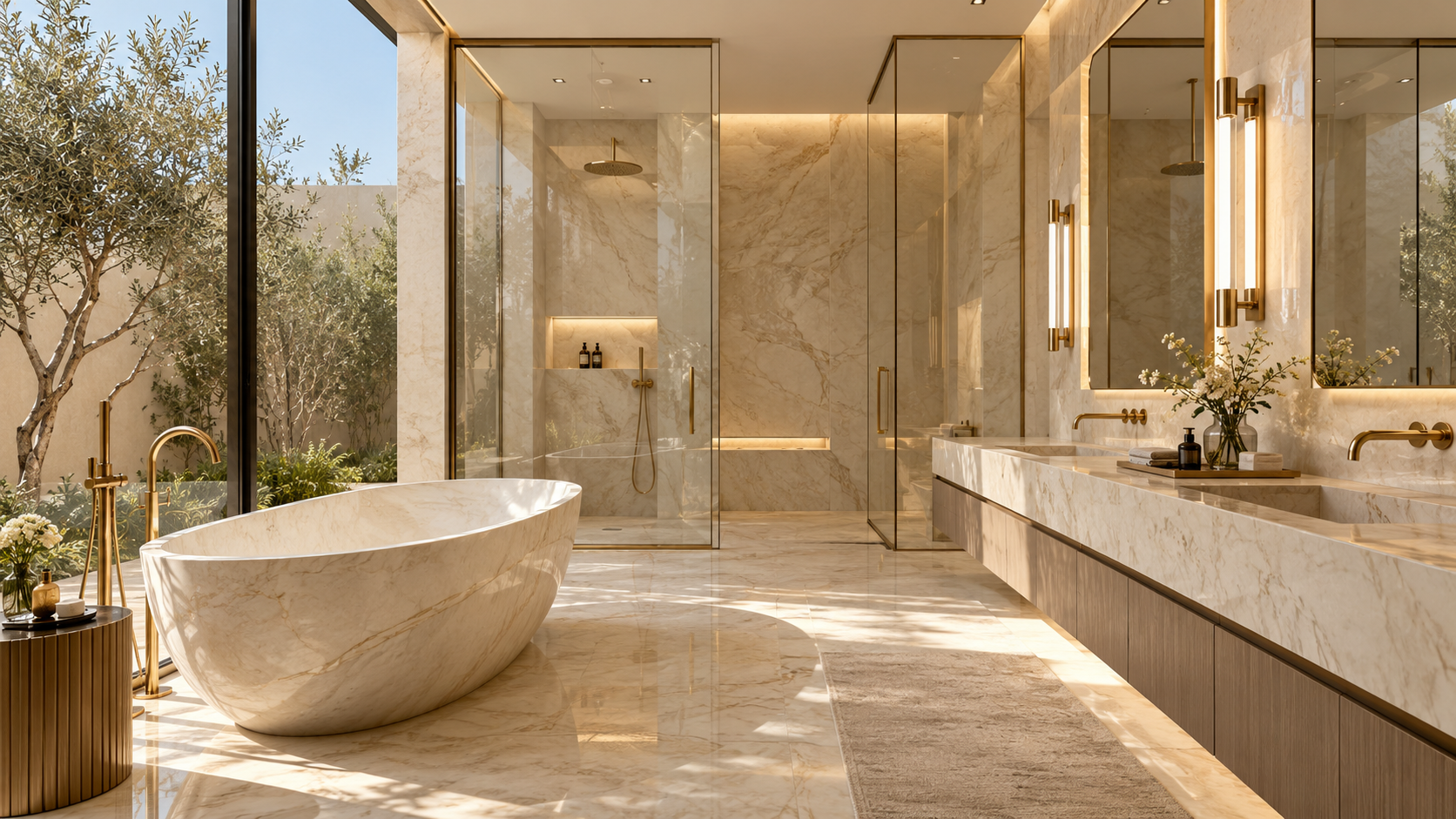 Designer bathroom with a freestanding marble bathtub and gold fixtures