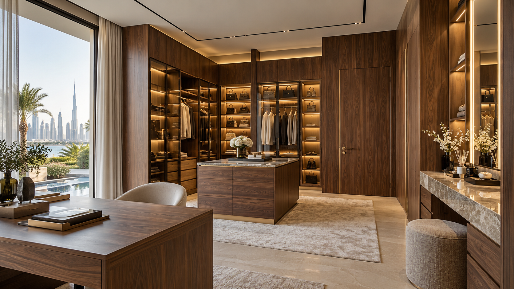 Bespoke walnut cabinetry with integrated lighting and a marble vanity