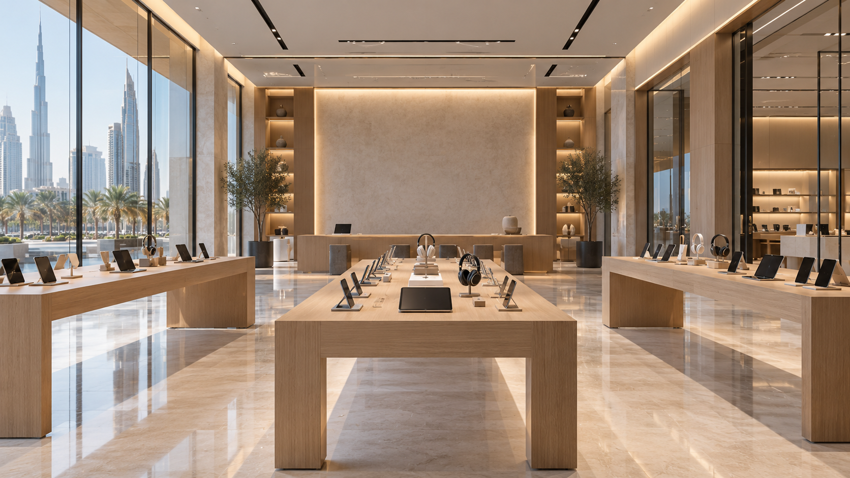 Premium electronics store with oak demonstration tables and integrated lighting