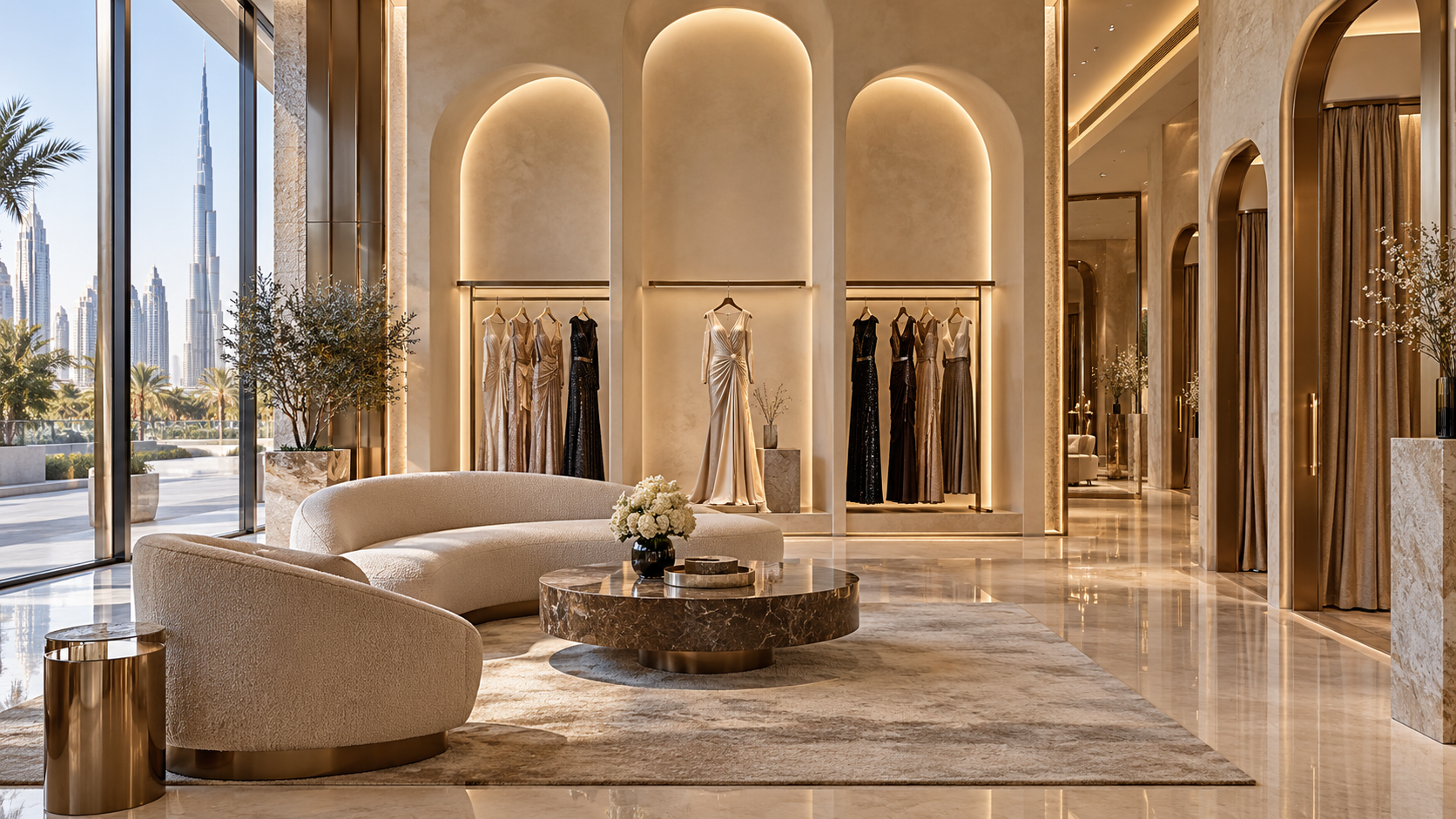 Fashion store with bespoke garment displays, marble tables and a central aisle