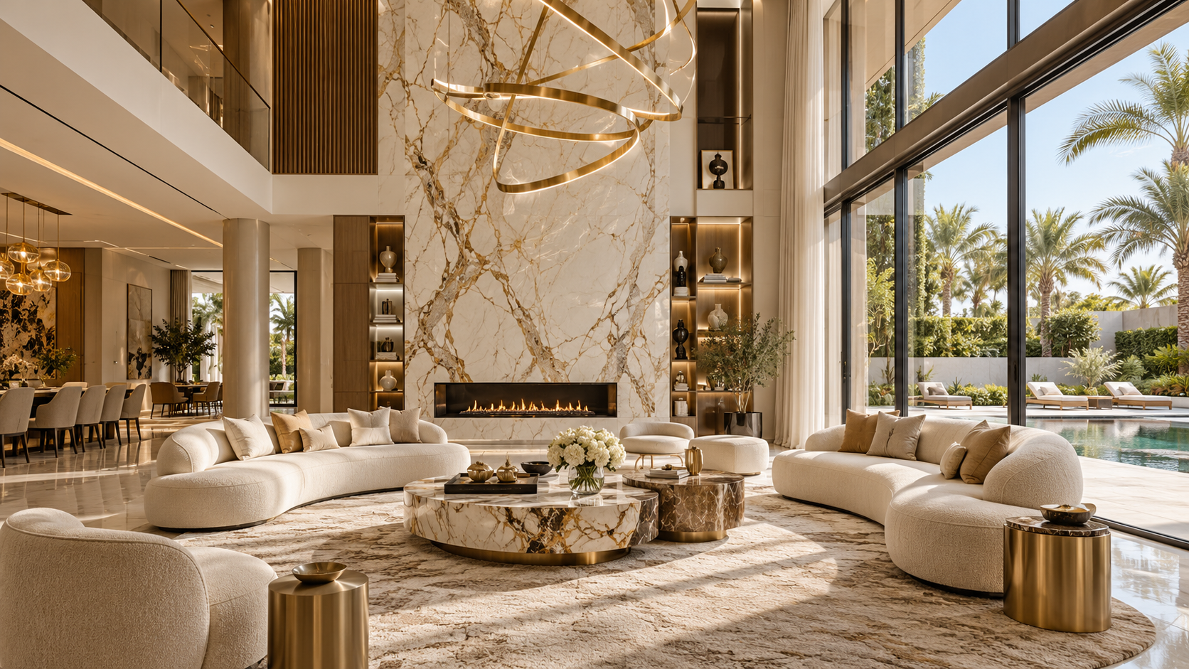Elegant living room with curved cream sofas, marble finishes and gold lighting