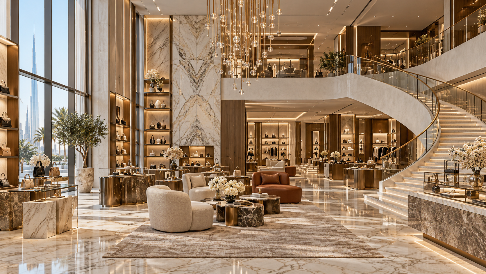Grand luxury retail interior with a sweeping staircase and custom glass displays