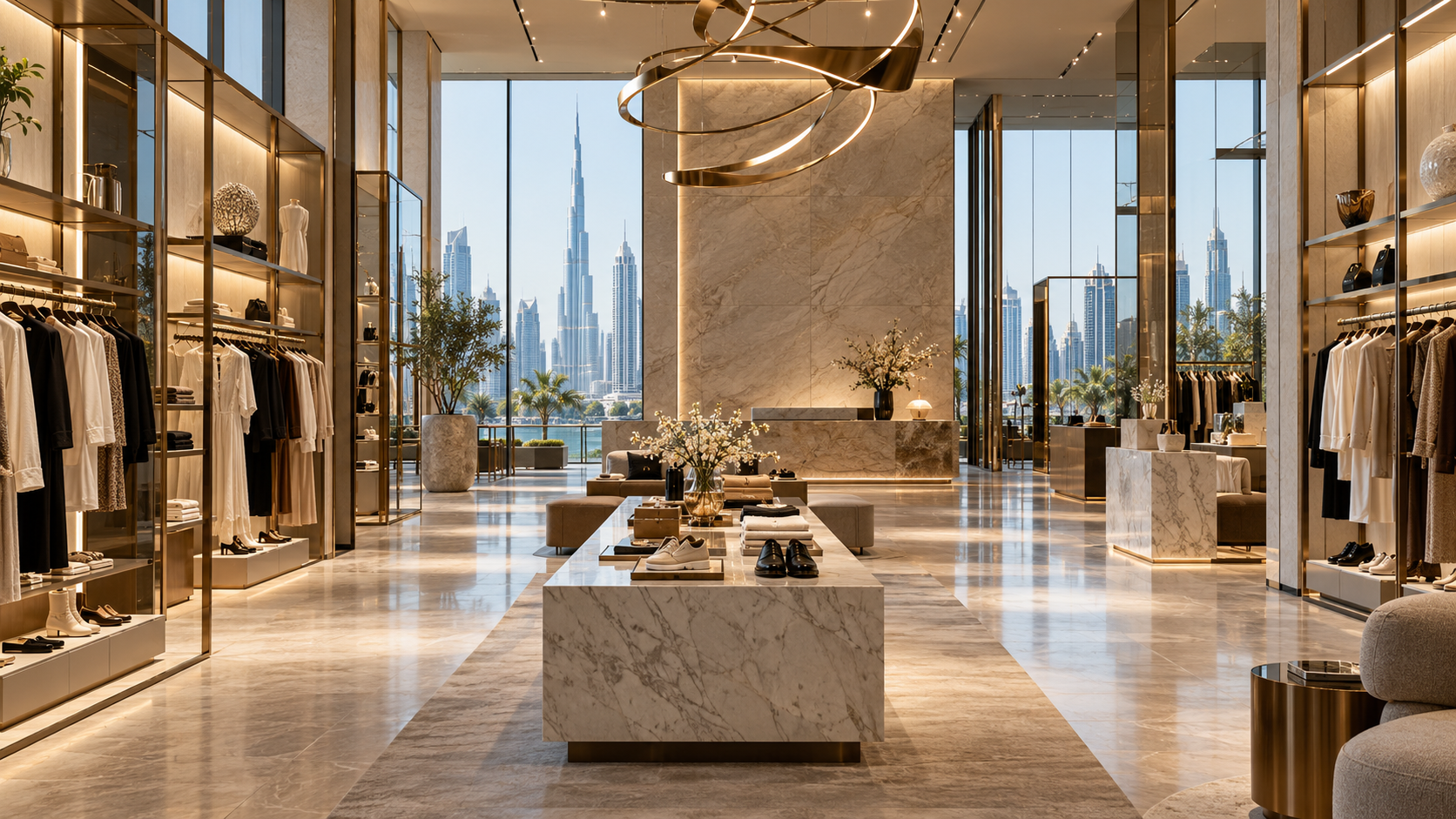 High-end boutique with eveningwear displays and private fitting rooms