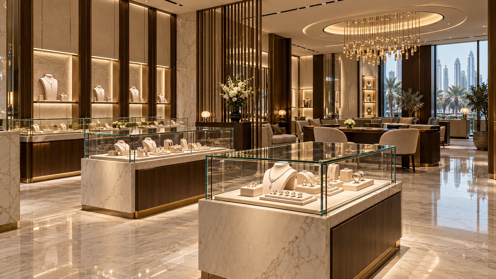 Jewellery shop with glass vitrines, walnut cabinetry and private consultation seating
