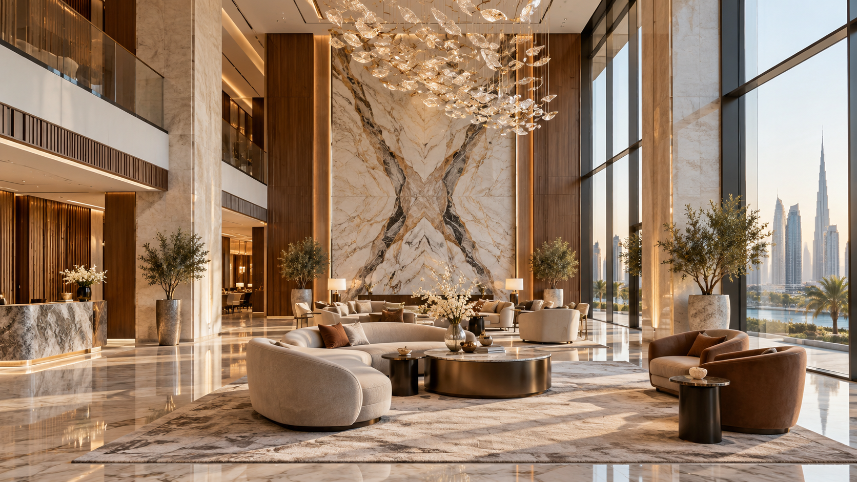 Double-height hotel lobby with bookmatched marble and sculptural lighting