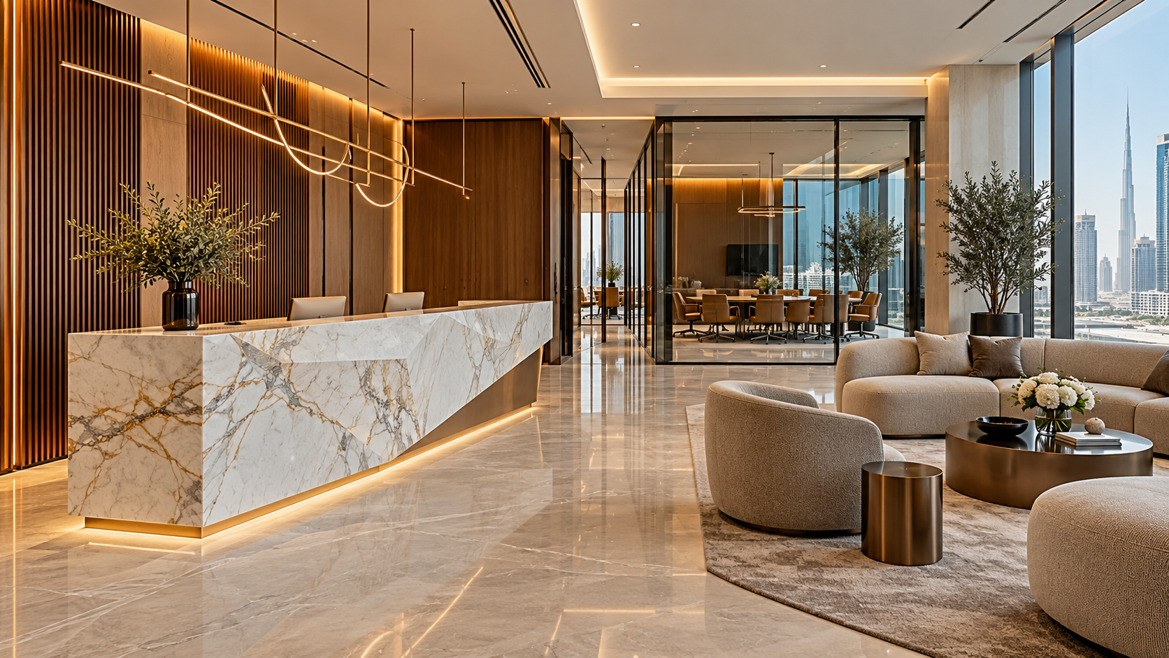 Luxury residential living and dining interior with cream seating and warm wood finishes