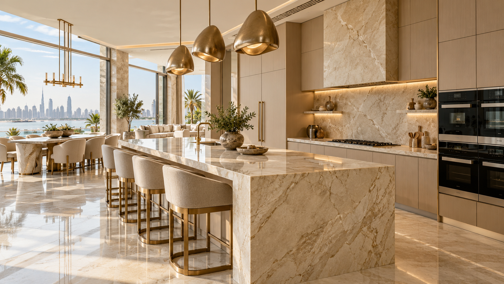 Modern villa kitchen with a marble island and bespoke cabinetry