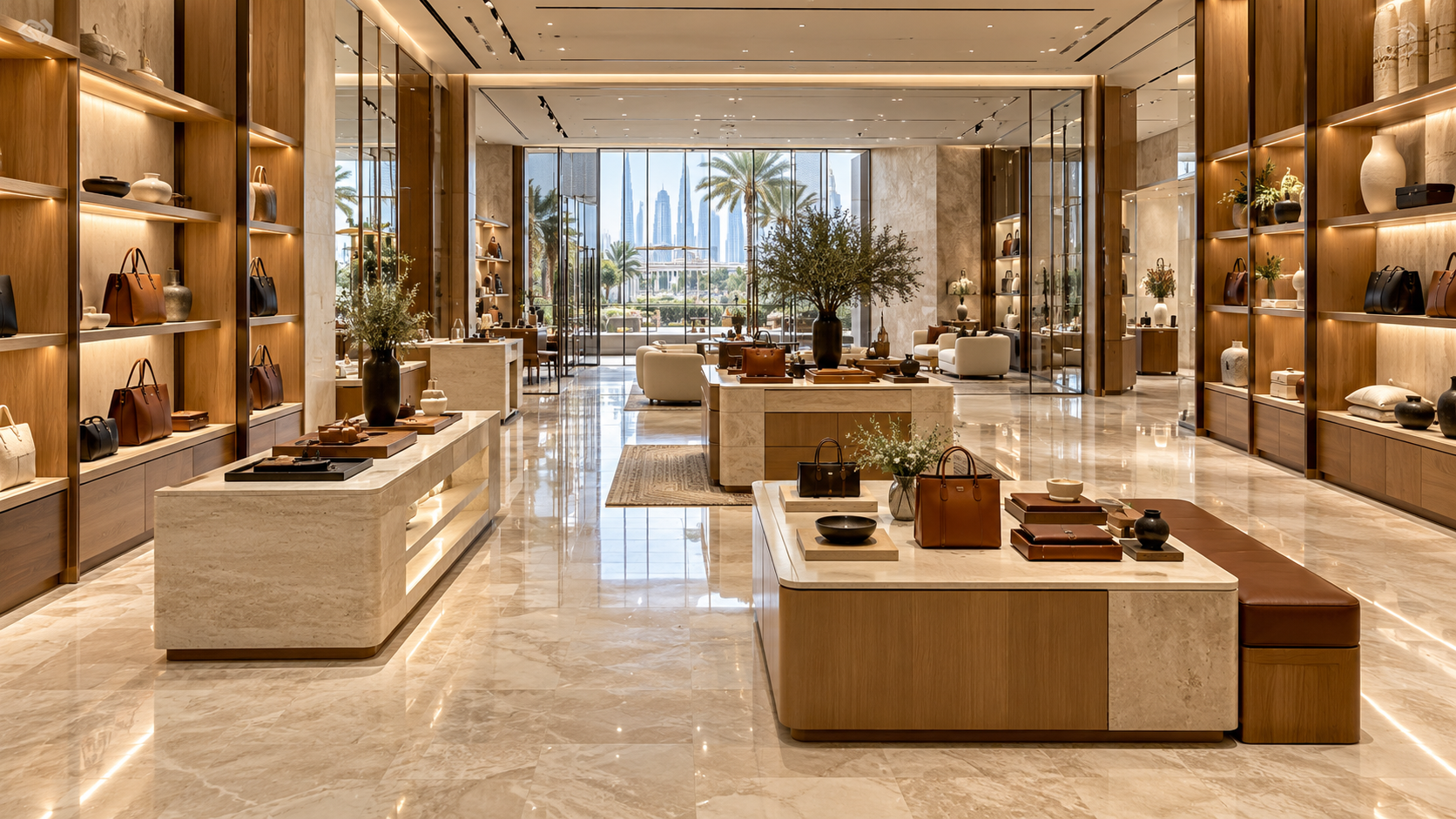 Premium furniture showroom with curated seating and sculptural lighting