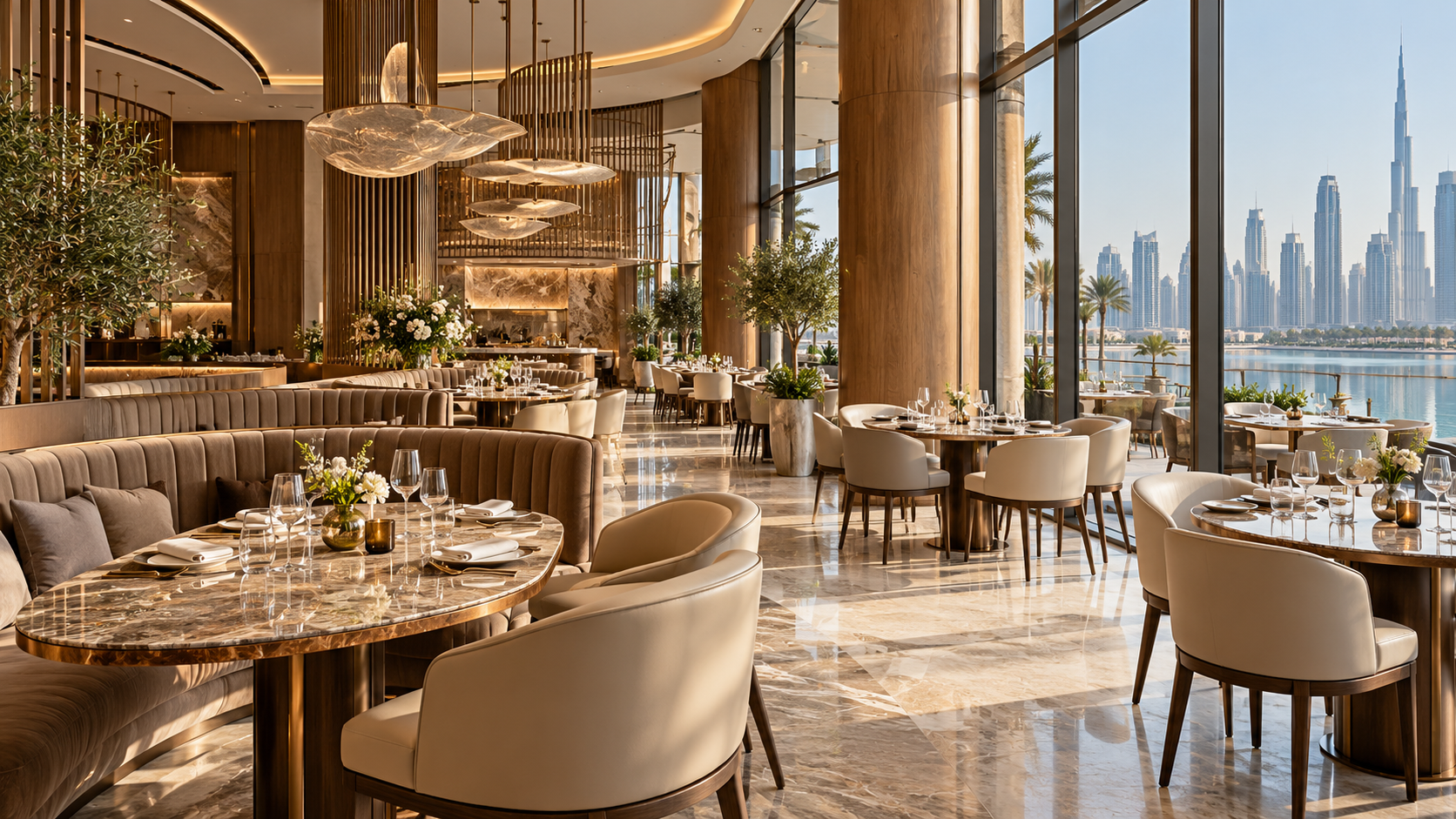 Elegant restaurant with marble tables, upholstered banquettes and statement lighting