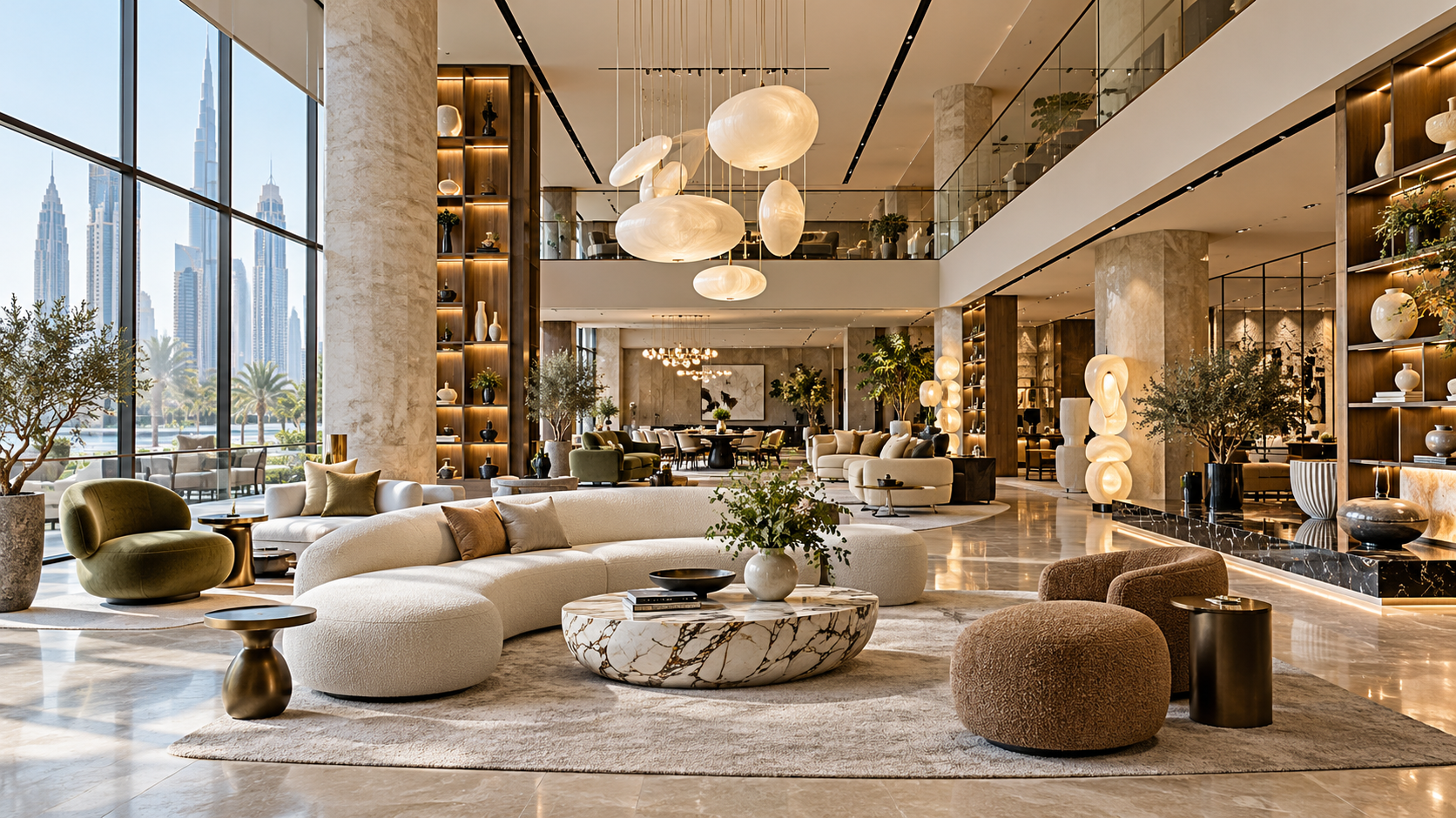 Stylish retail shop with bespoke oak shelving and marble display islands