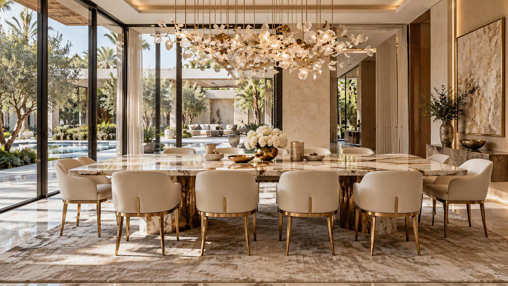 Formal dining room with a marble table and sculptural lighting