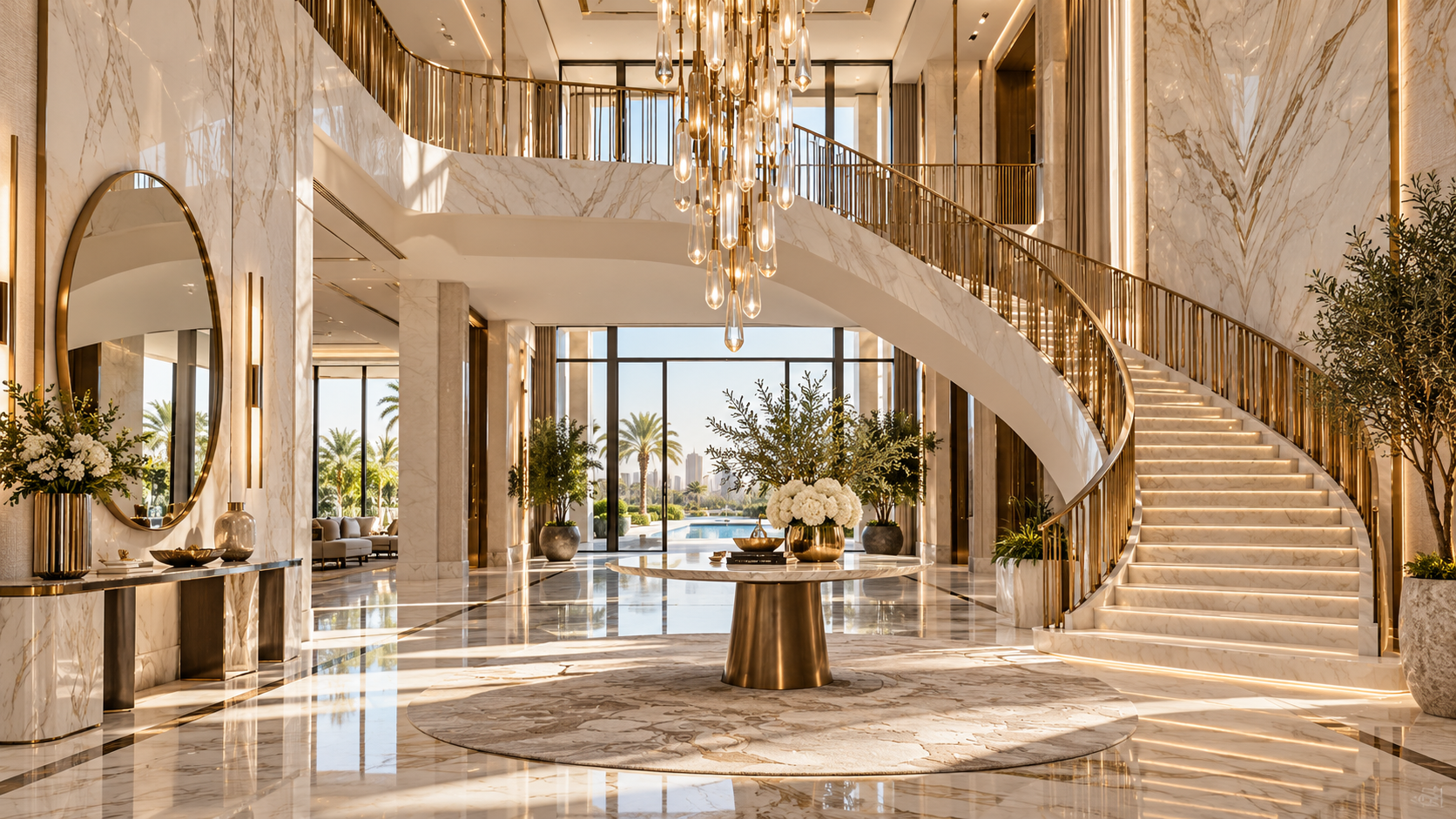 Grand villa entrance with a sweeping staircase and statement chandelier