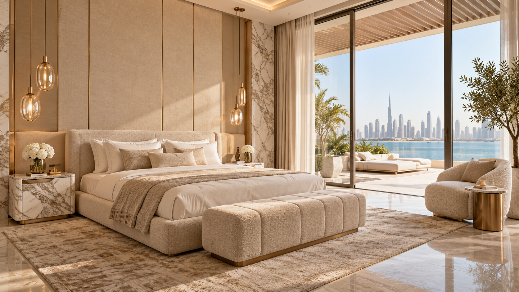 Luxury bedroom with cream upholstery and floor-to-ceiling windows