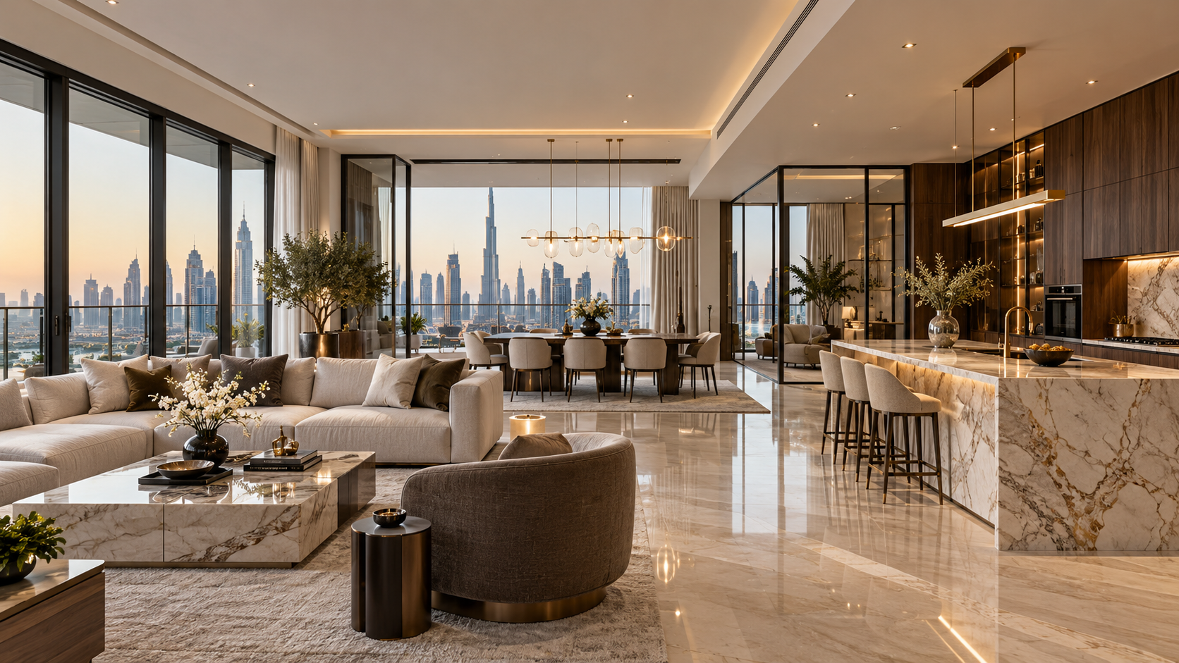 Completed open-plan interior with coordinated living, dining and kitchen spaces