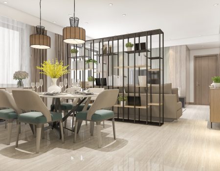 Interior fit out for elegant dining room featuring modern dining furniture, decorative lighting and open-plan layout design